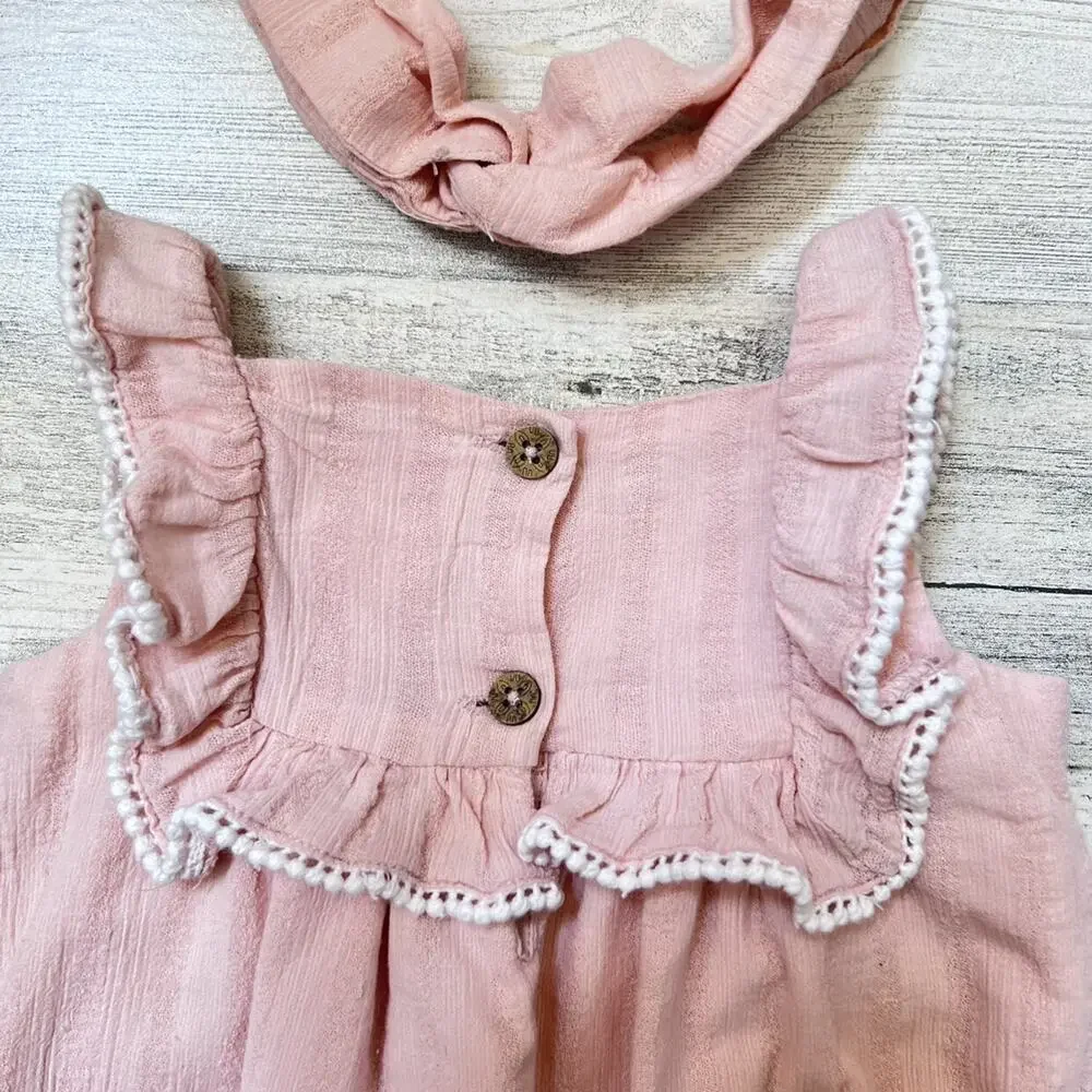 Tommy Bahama Romper Baby Girl 6-9M Pink Gauze Embroidered Bubble Headband